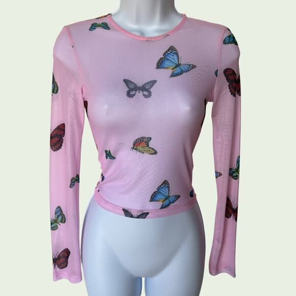 Superdown NWT "Ari" Pink Butterflies Sheer Mesh Long Sleeve T Shirt size XS - Picture 3 of 9